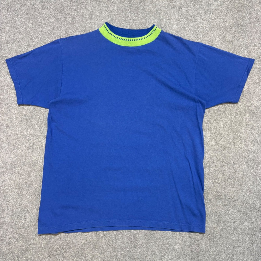 Vintage Ocean Pacific OP T-Shirt Mens Large Blue Neon Green Knit Collar USA Made